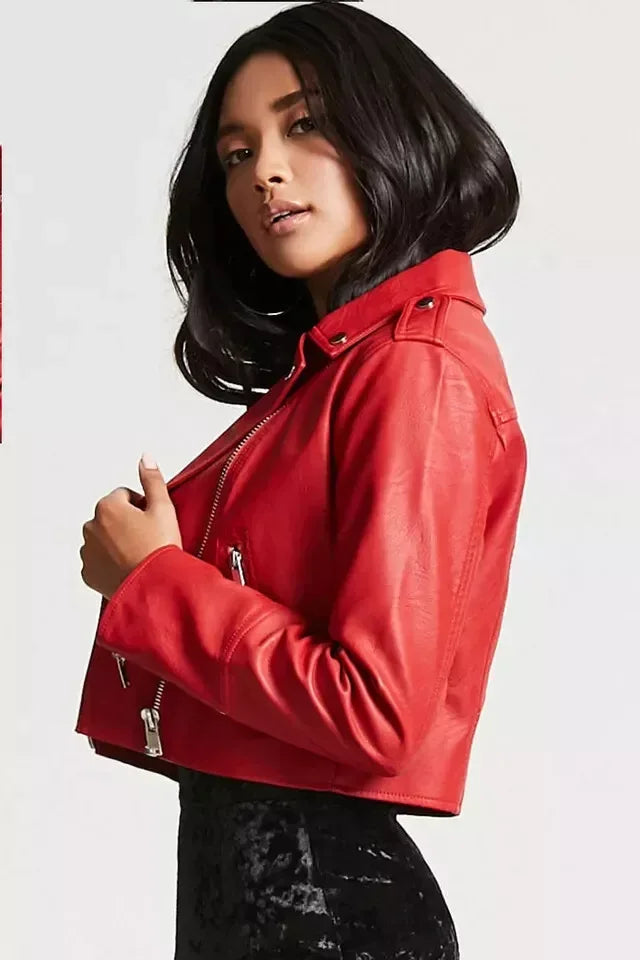 Women's Premium Red Original Leather Biker Jacket - Cropped - Kamercio
