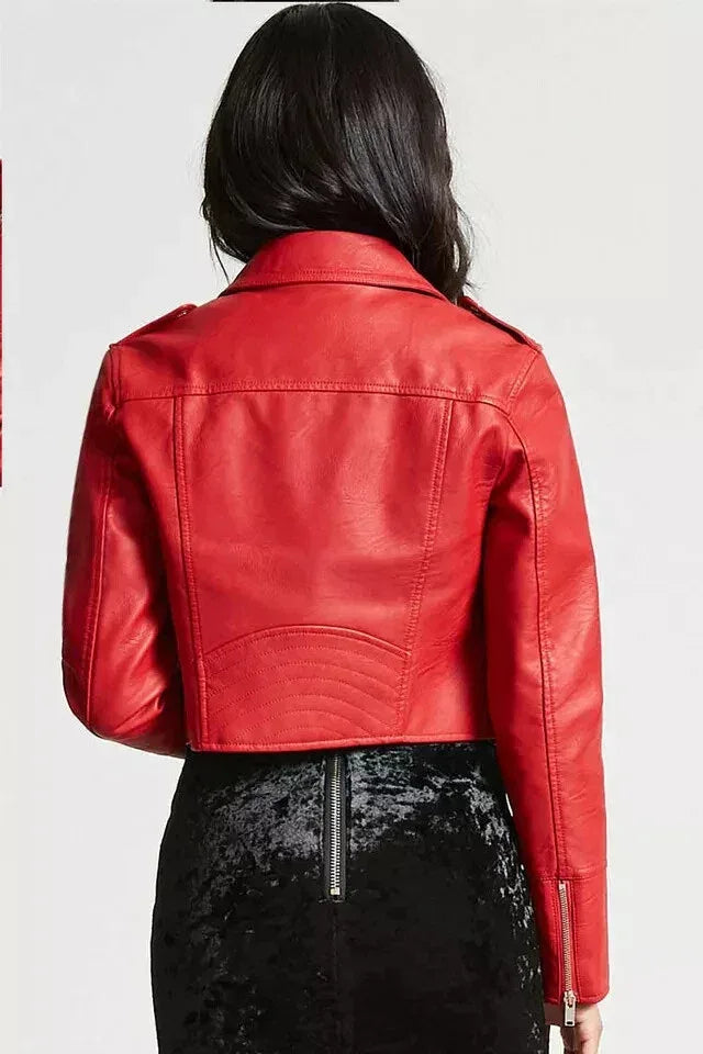 Women's Premium Red Original Leather Biker Jacket - Cropped - Kamercio