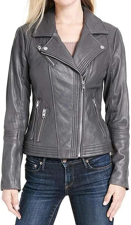 Women's Original Grey Leather Biker Premium Jacket - Fitted - Kamercio
