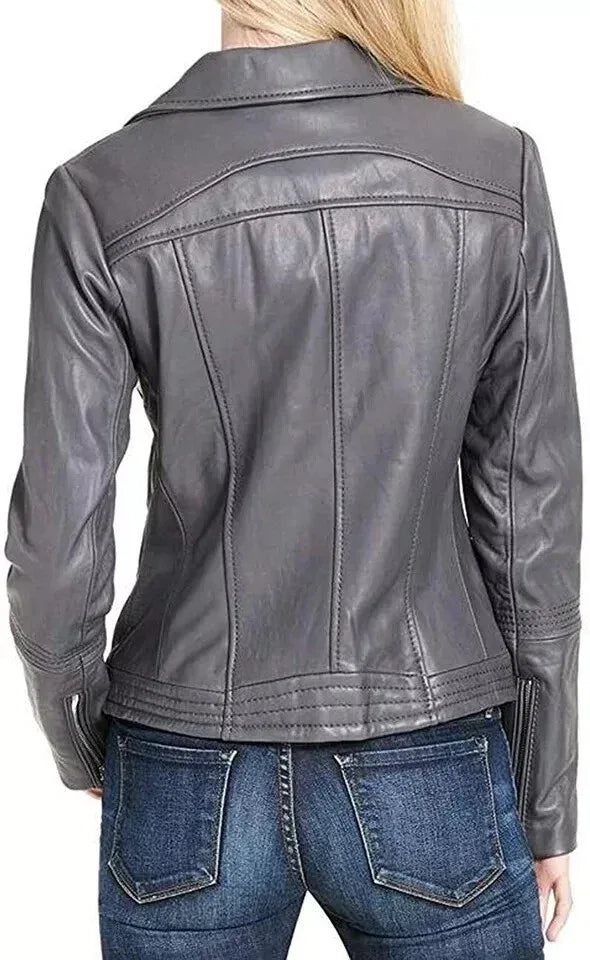 Women's Original Grey Leather Biker Premium Jacket - Fitted - Kamercio