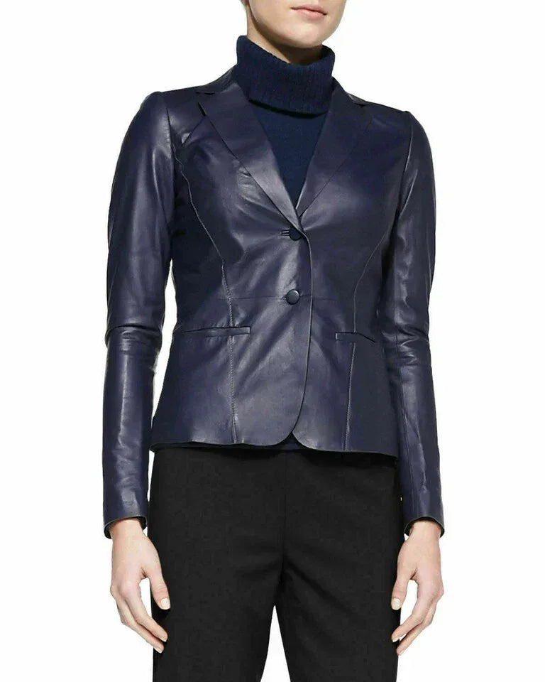 Women's Original Navy Blue Leather Premium Blazer Jacket - Kamercio
