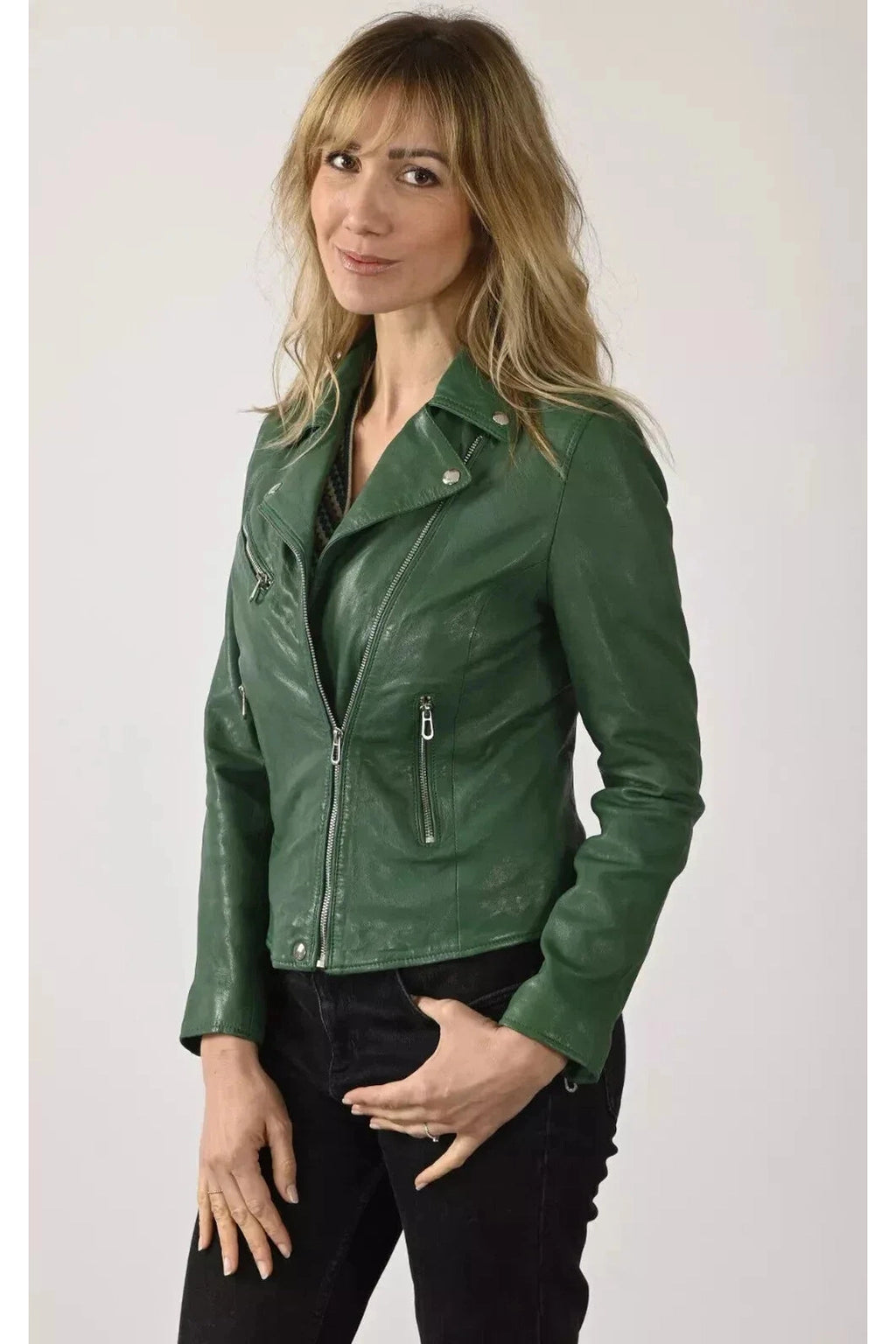 Women's Forest Original Green Leather Premium Biker Jacket - Kamercio
