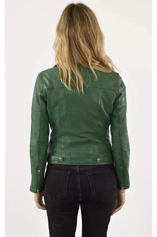 Women's Forest Original Green Leather Premium Biker Jacket - Kamercio