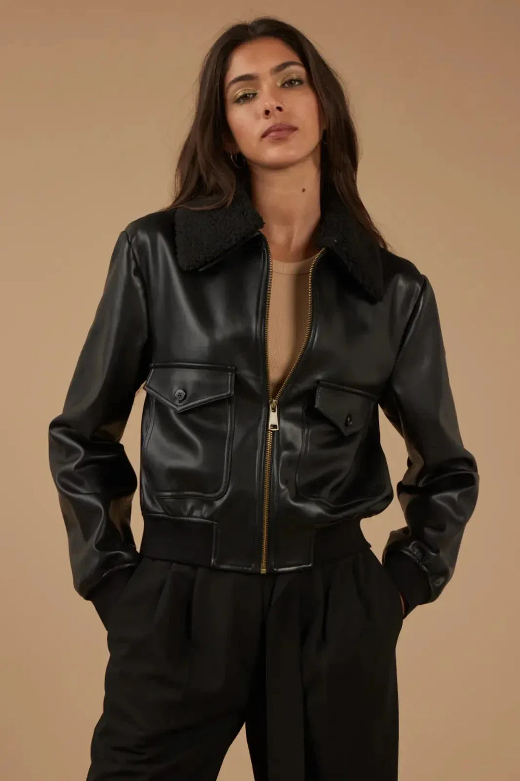 Women's Black Original Leather Bomber Jacket with Shearling Collar