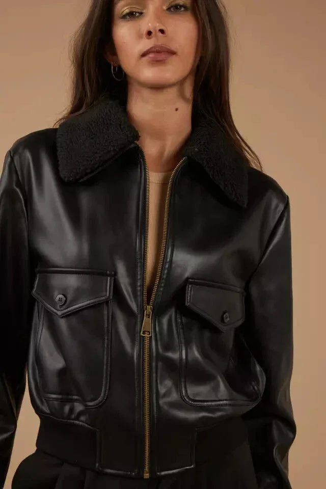 Women's Black Original Leather Bomber Jacket with Shearling Collar