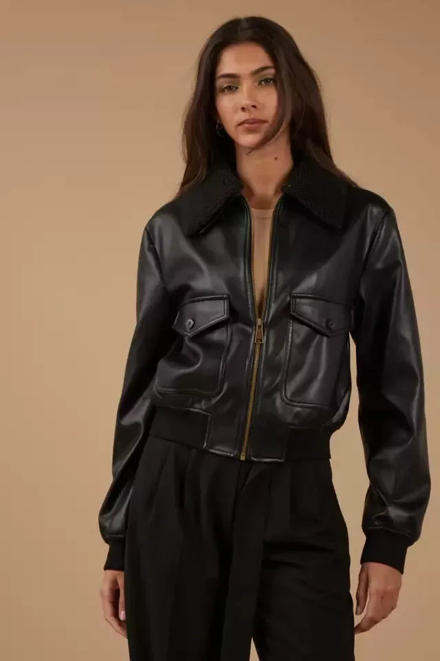 Women's Black Original Leather Bomber Jacket with Shearling Collar