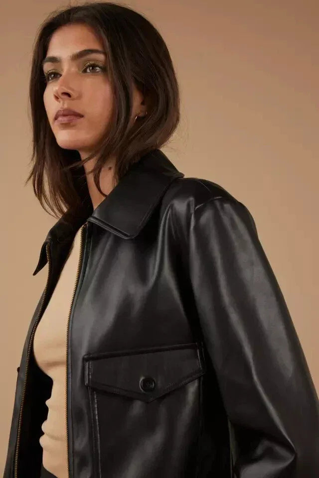 Women's Black Original Leather Bomber Jacket with Shearling Collar