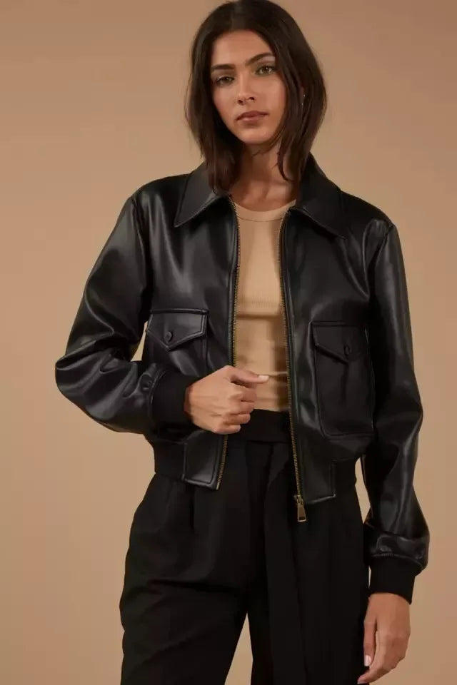 Women's Black Original Leather Bomber Jacket with Shearling Collar