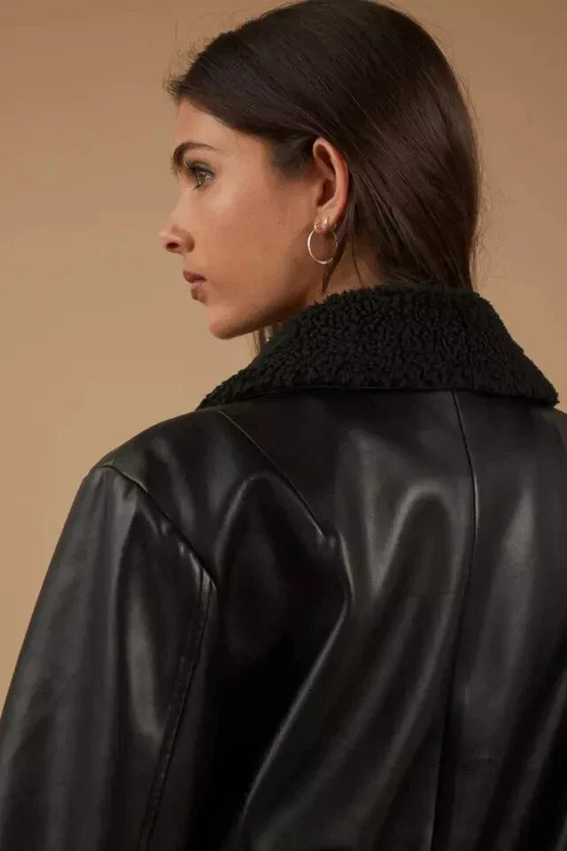 Women's Black Original Leather Bomber Jacket with Shearling Collar