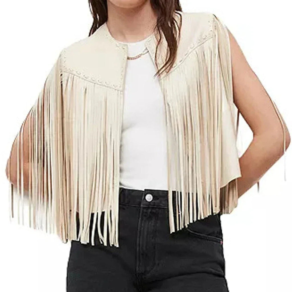 Women's Cream Original Fringe Premium Leather Vest - Western Boho