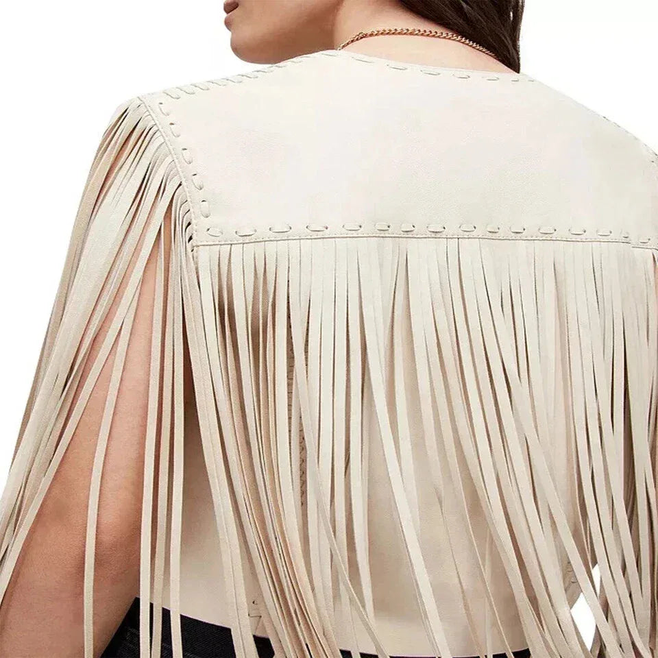 Women's Cream Original Fringe Premium Leather Vest - Western Boho