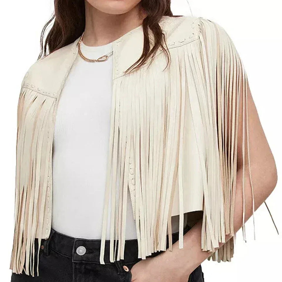 Women's Cream Original Fringe Premium Leather Vest - Western Boho
