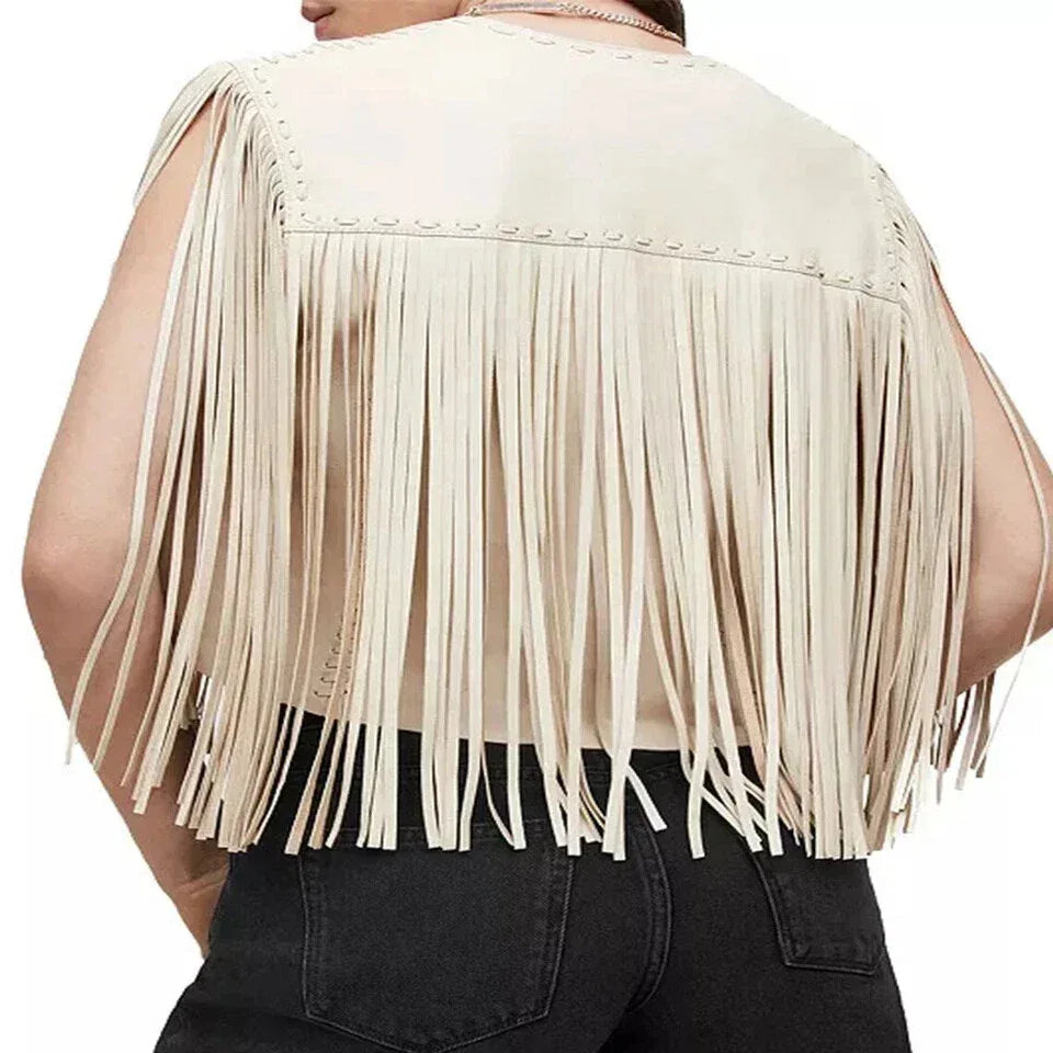 Women's Cream Original Fringe Premium Leather Vest - Western Boho