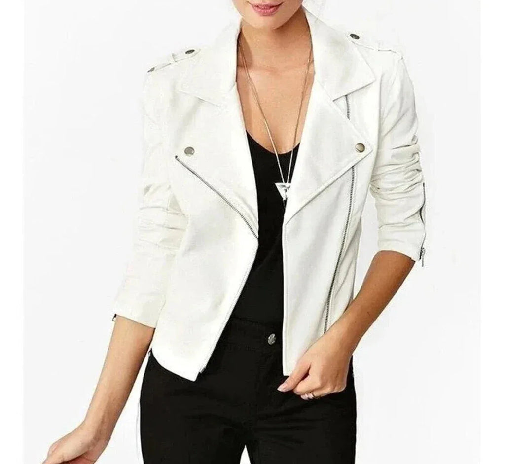 Women's White Original Leather Biker Premium Jacket - Fitted