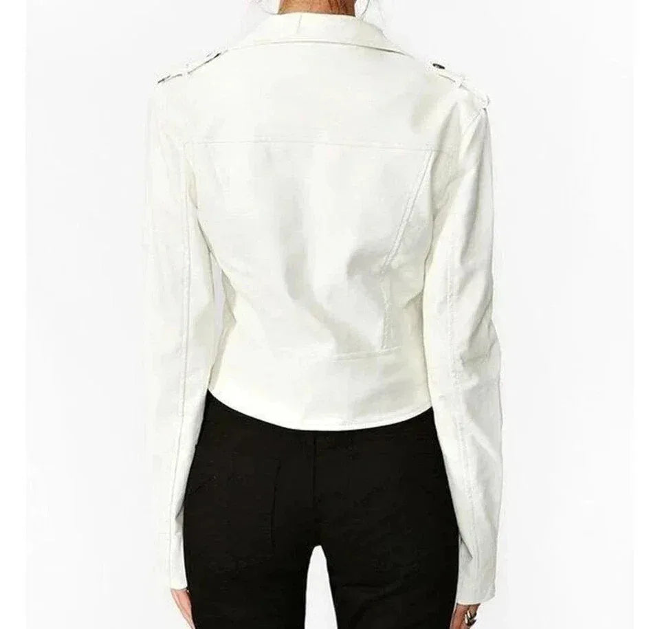 Women's White Original Leather Biker Premium Jacket - Fitted