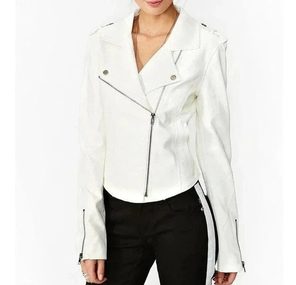 Women's White Original Leather Biker Premium Jacket - Fitted