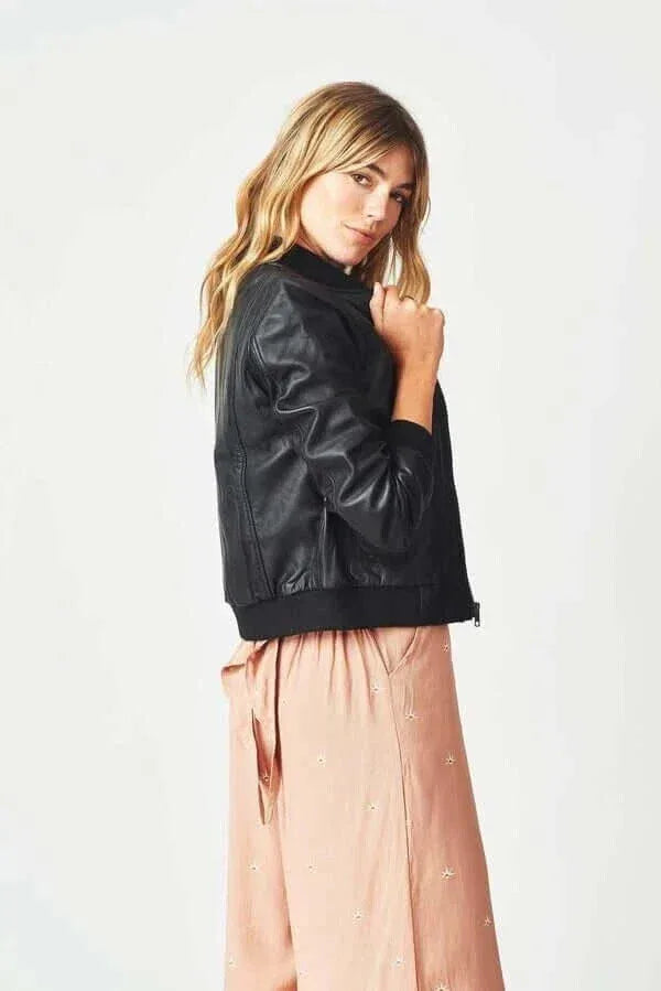 Women's Original Black Leather Premium Bomber Jacket - Classic