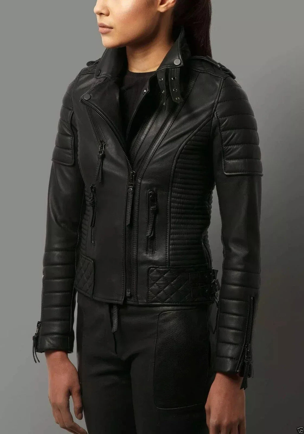 Women's Original Black Leather Moto Premium Jacket - Quilted Detail