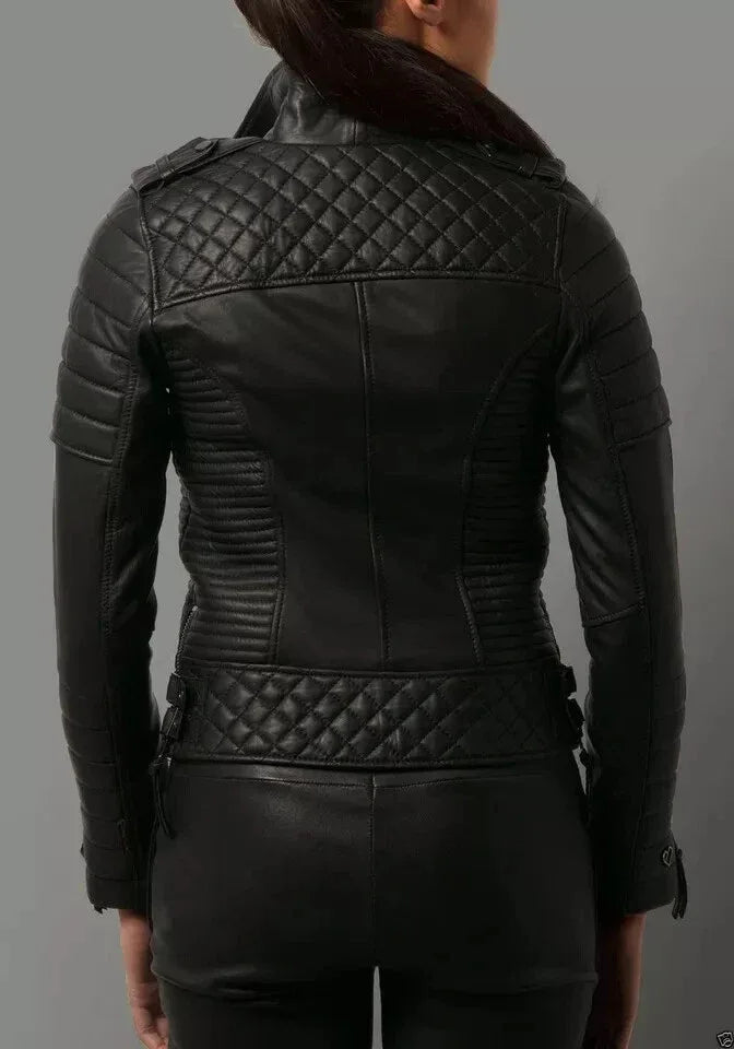 Women's Original Black Leather Moto Premium Jacket - Quilted Detail