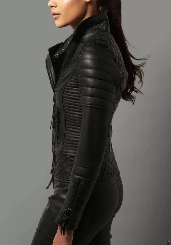 Women's Original Black Leather Moto Premium Jacket - Quilted Detail