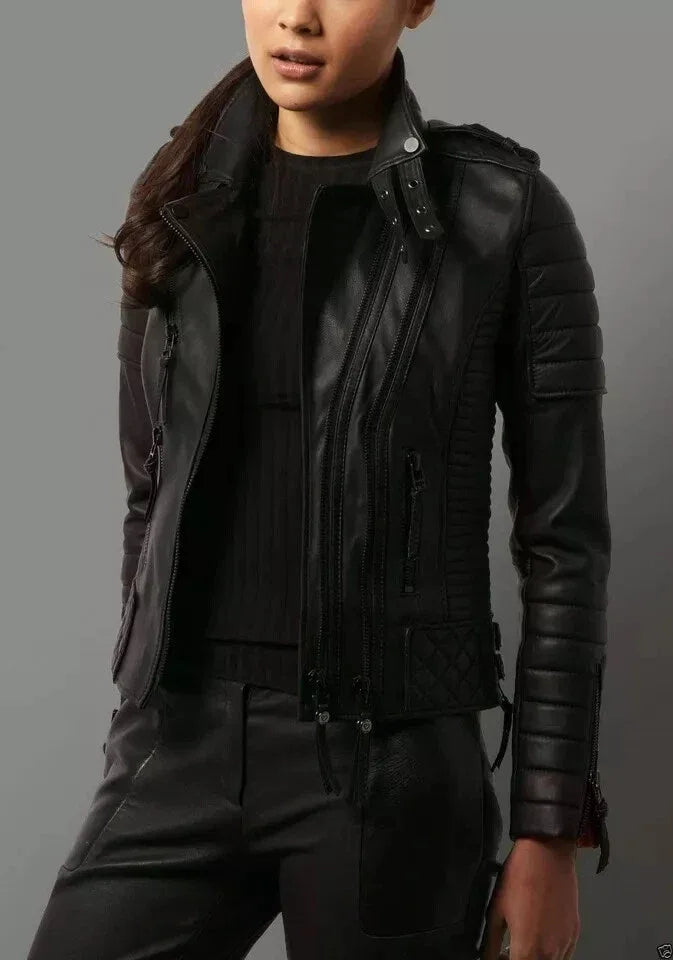 Women's Original Black Leather Moto Premium Jacket - Quilted Detail