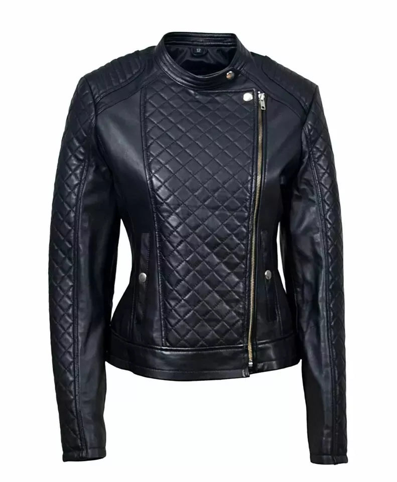 Diamond Original Quilted Leather Premium Biker Jacket - Women's Asymmetric Zip