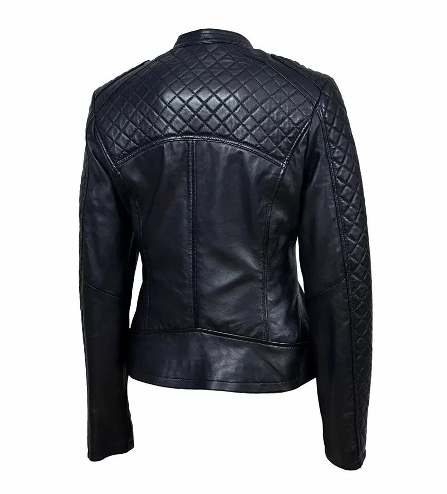 Diamond Original Quilted Leather Premium Biker Jacket - Women's Asymmetric Zip