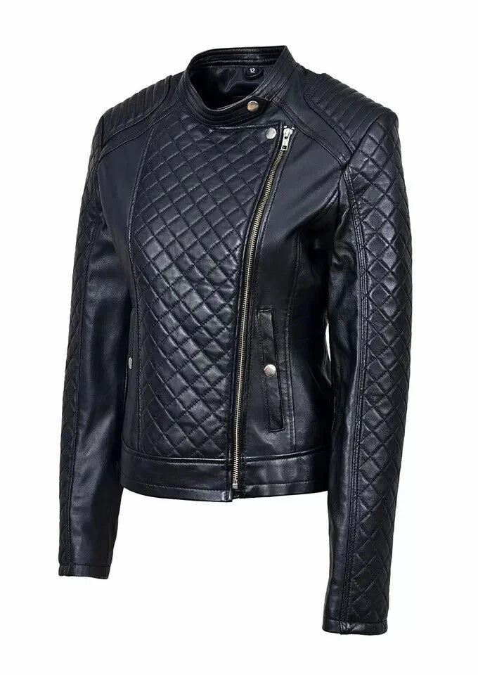 Diamond Original Quilted Leather Premium Biker Jacket - Women's Asymmetric Zip