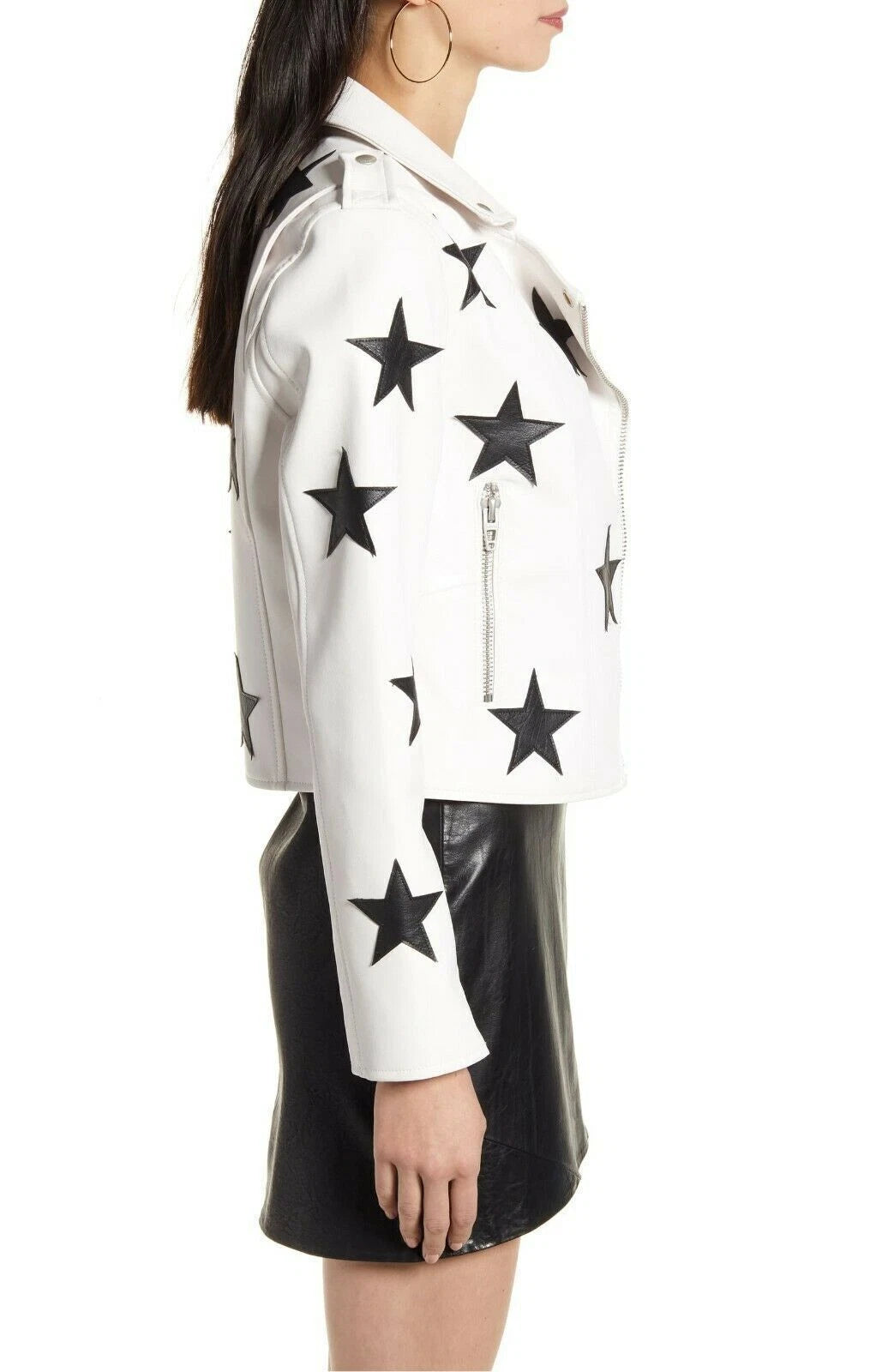 Premium Star Appliqué Original Leather Biker Jacket - White with Black Stars