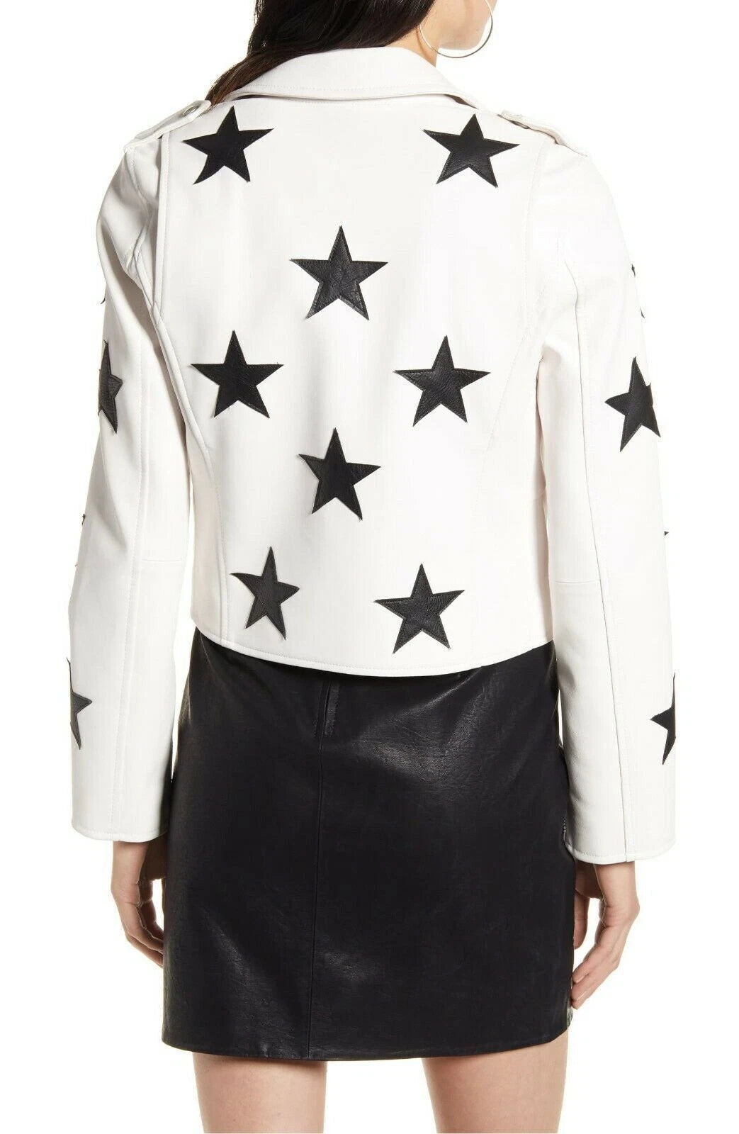 Premium Star Appliqué Original Leather Biker Jacket - White with Black Stars