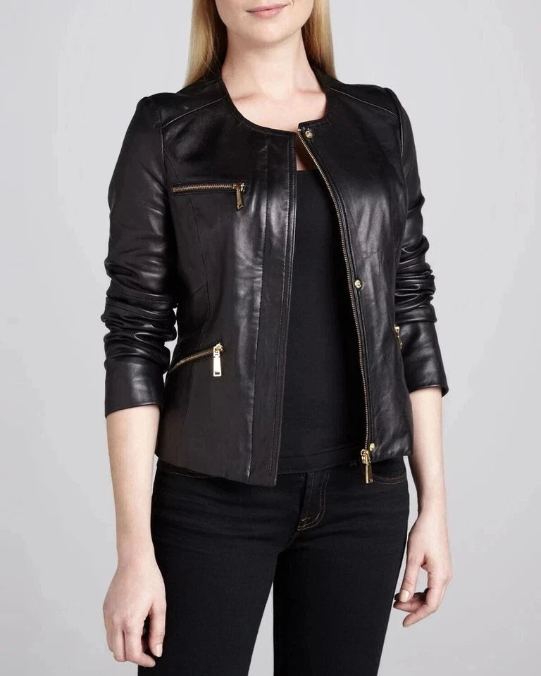 Collarless Original Leather Jacket - Women's Premium Zip Front with Gold Hardware