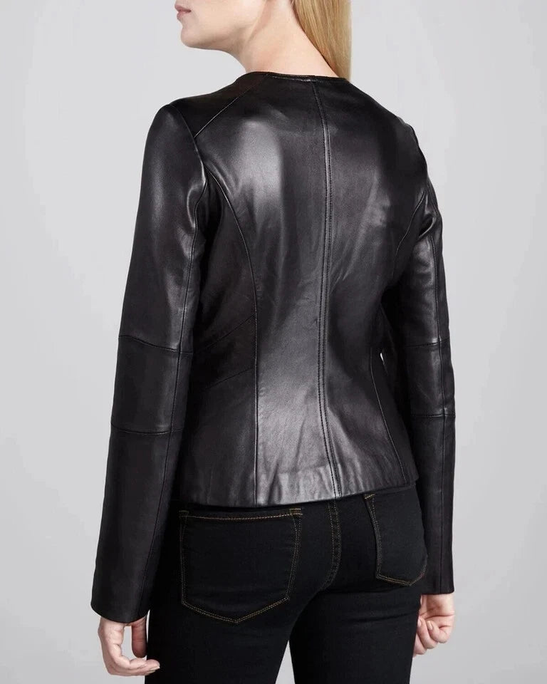 Collarless Original Leather Jacket - Women's Premium Zip Front with Gold Hardware