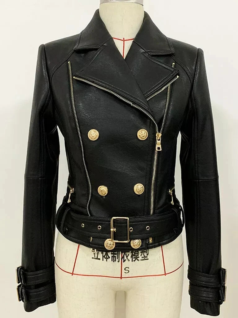 Original Military Leather Premium Biker Jacket - Double-Breasted with Gold Medallions