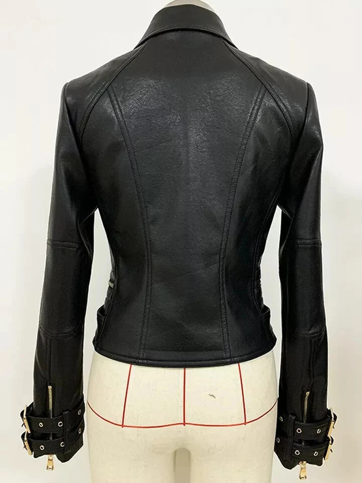 Original Military Leather Premium Biker Jacket - Double-Breasted with Gold Medallions