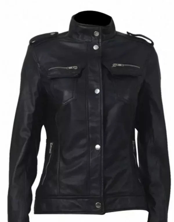 Premium Military Stand Collar Original Leather Jacket - Women's with Epaulettes