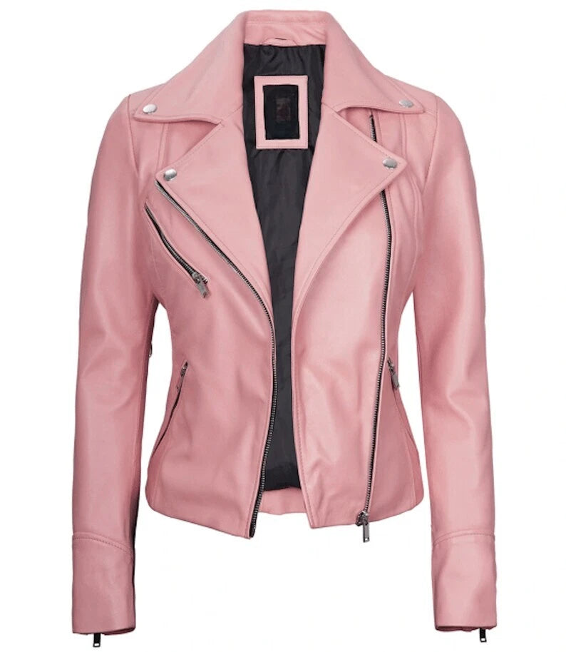 Original Pink Leather Biker Jacket - Women's Premium Asymmetric Zip Moto