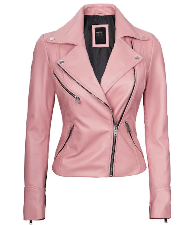 Original Pink Leather Biker Jacket - Women's Premium Asymmetric Zip Moto
