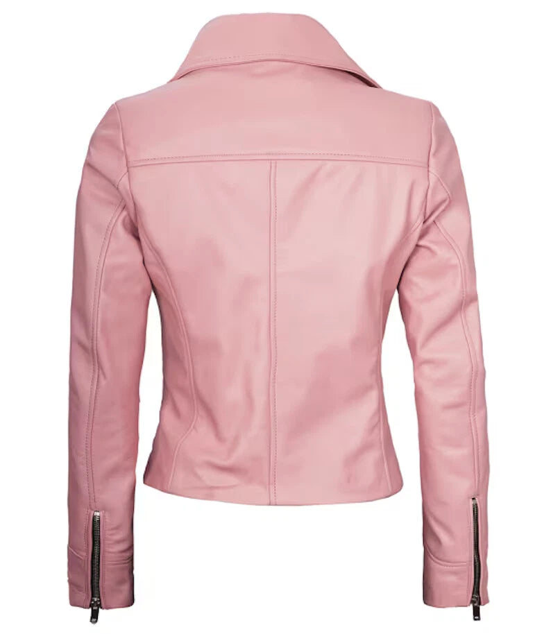 Original Pink Leather Biker Jacket - Women's Premium Asymmetric Zip Moto