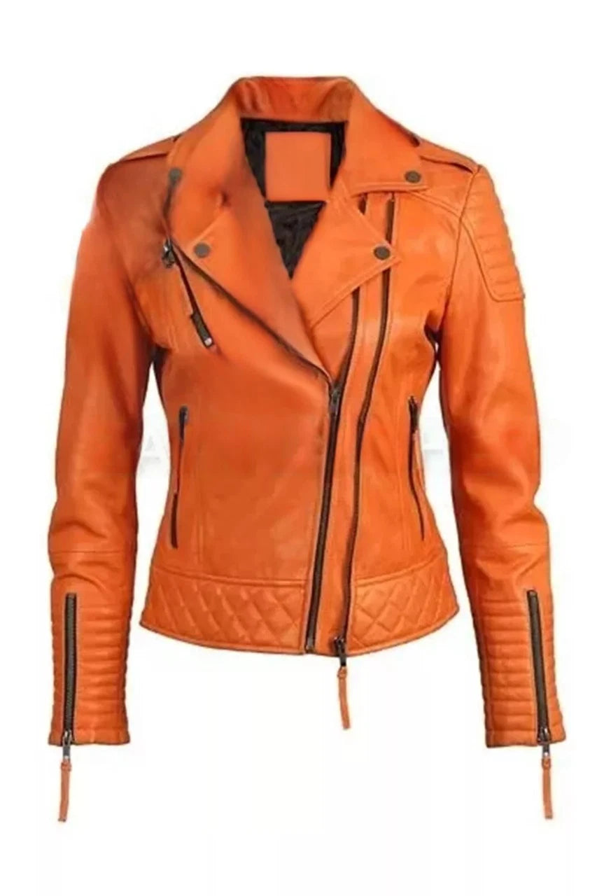 Orange Quilted Original Leather Premium Biker Jacket - Women's Moto with Ribbed Sleeves