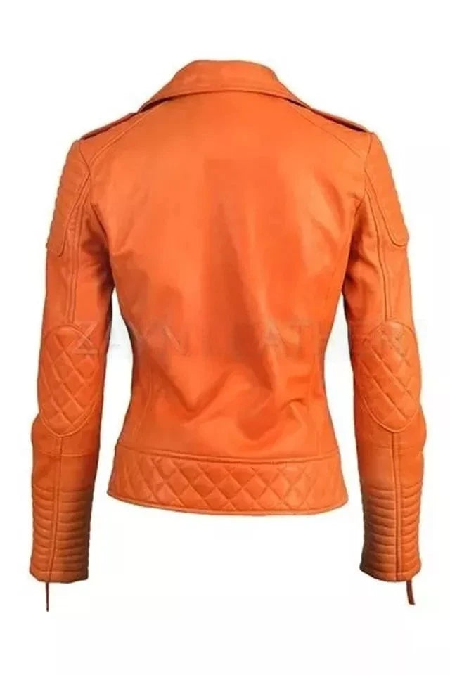 Orange Quilted Original Leather Premium Biker Jacket - Women's Moto with Ribbed Sleeves