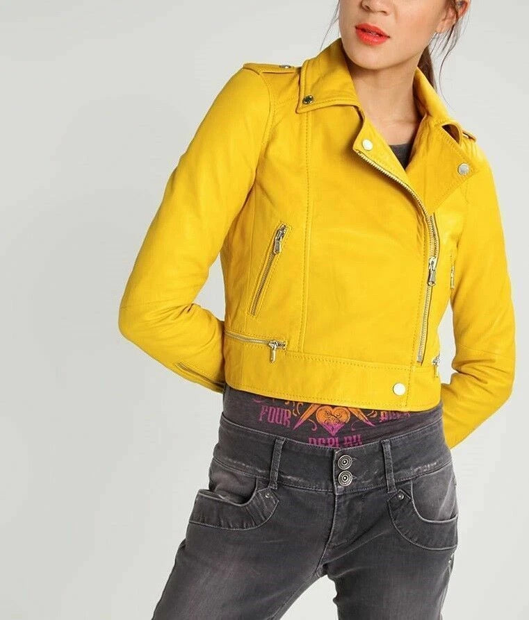 Yellow Cropped Original Leather Premium Biker Jacket - Women's Asymmetric Zip Moto