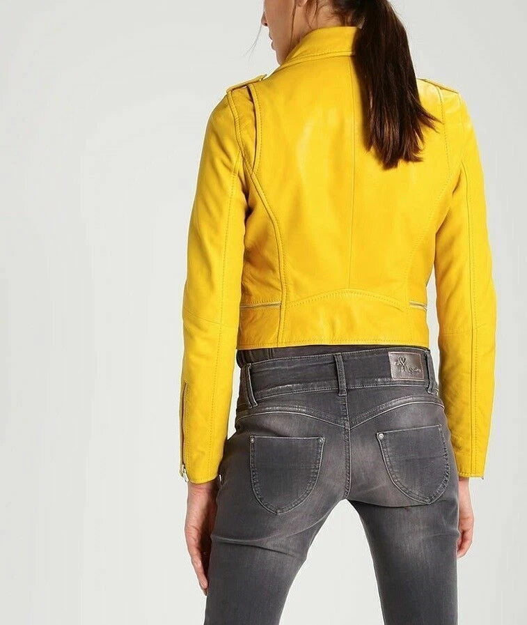 Yellow Cropped Original Leather Premium Biker Jacket - Women's Asymmetric Zip Moto