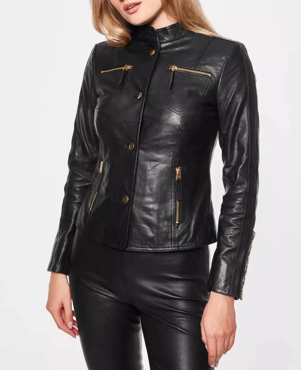 Stand Collar Original Leather Jacket - Women's with Premium Gold-Tone Buttons