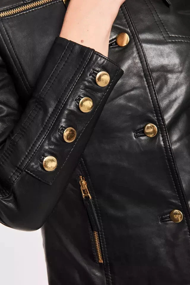 Stand Collar Original Leather Jacket - Women's with Premium Gold-Tone Buttons