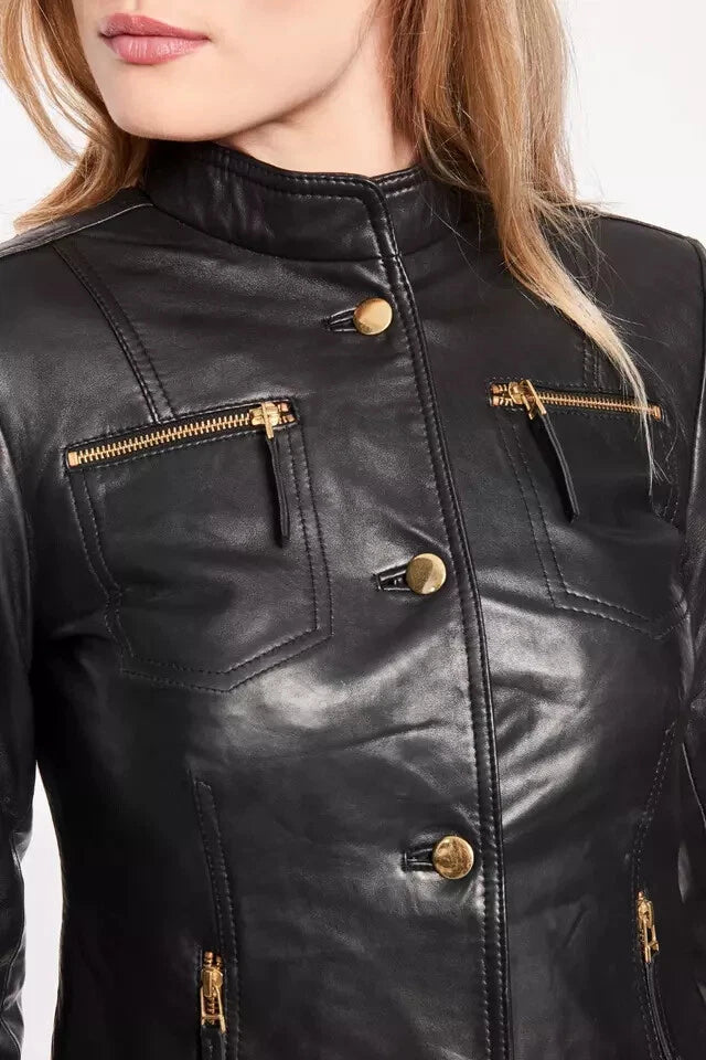 Stand Collar Original Leather Jacket - Women's with Premium Gold-Tone Buttons