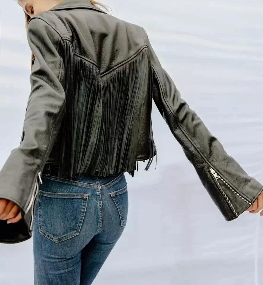 Original Fringe Leather Premium Biker Jacket - Olive Green Western-Inspired Moto