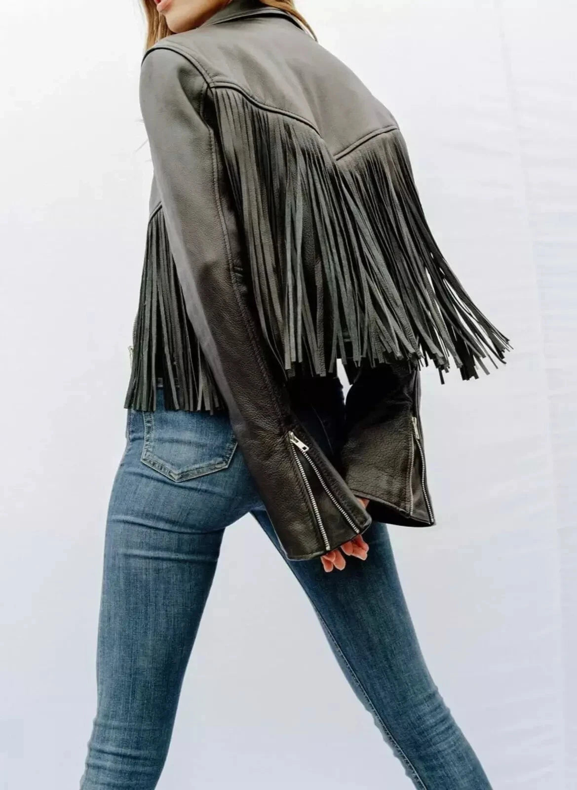 Original Fringe Leather Premium Biker Jacket - Olive Green Western-Inspired Moto