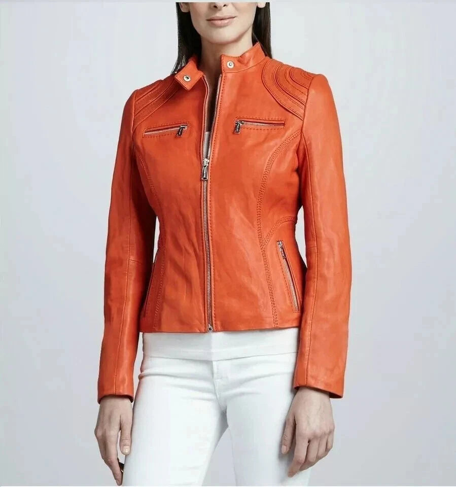 Coral Orange Original Leather Jacket - Women's Premium Stand Collar with Decorative Stitching