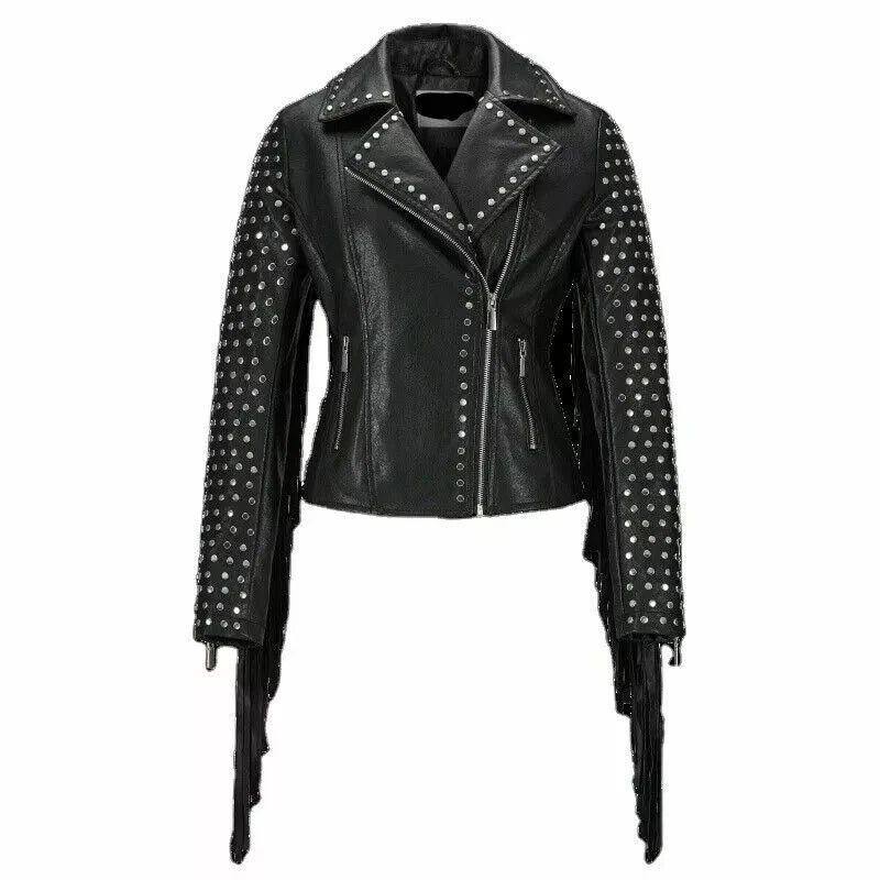 Studded Original Fringe Leather Premium Biker Jacket - Black