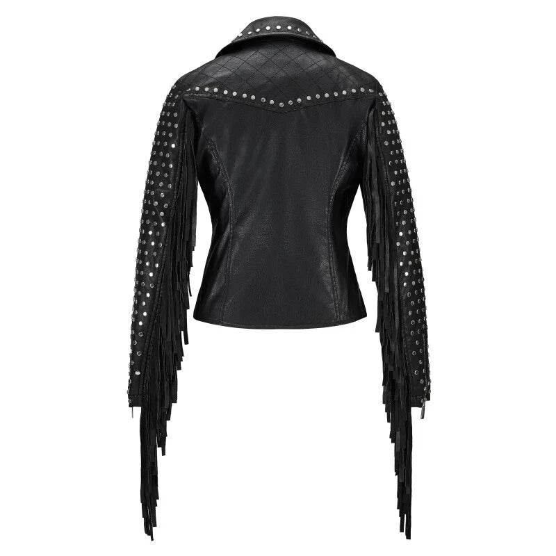 Studded Original Fringe Leather Premium Biker Jacket - Black